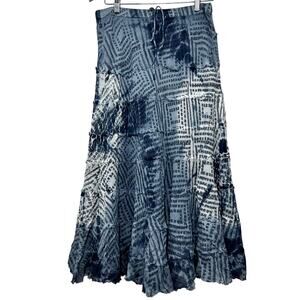 Vintage 90's Y2K Boho Midi Skirt Blue Cotton Tiered Raw Hem India New NWT Large